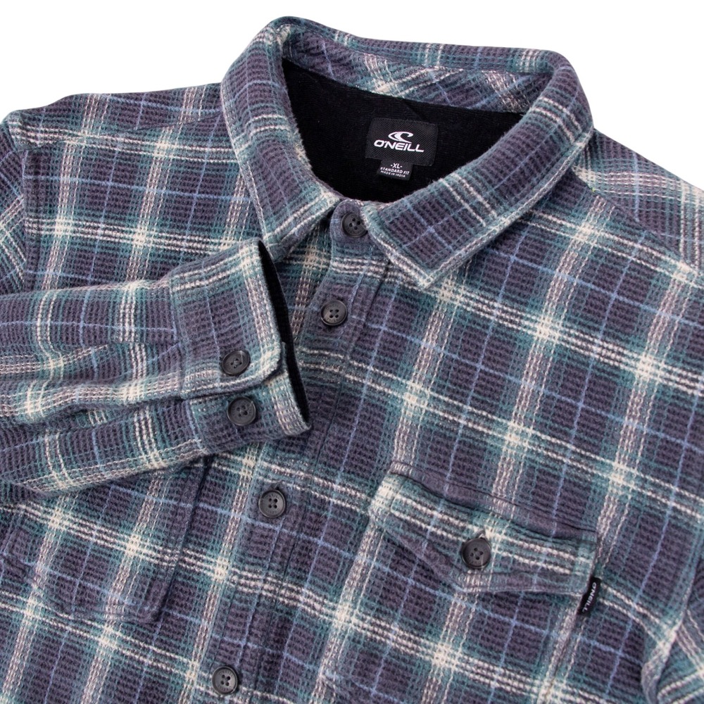 O Neill Mens XL Plaid Flannel Shirt‎ Waffle Knit Blue Grey Long Sleeve Thick